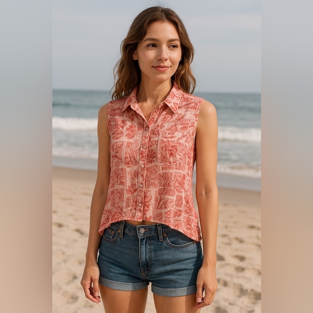 Hollister Womens Floral High Low Cropped Button Up Sleeveless Top Sheer S Y2K
